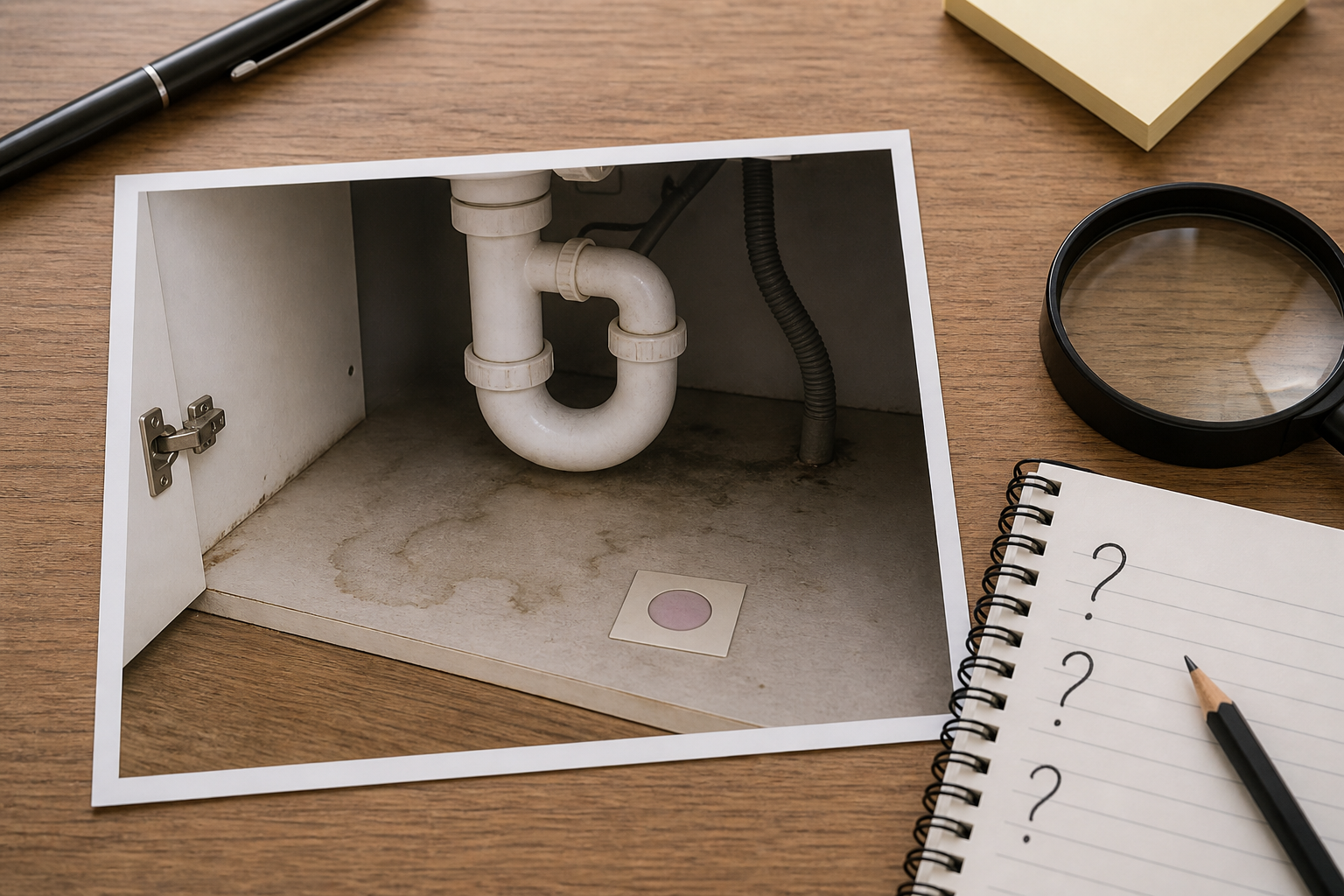 Under-sink photo card attached to an observation note